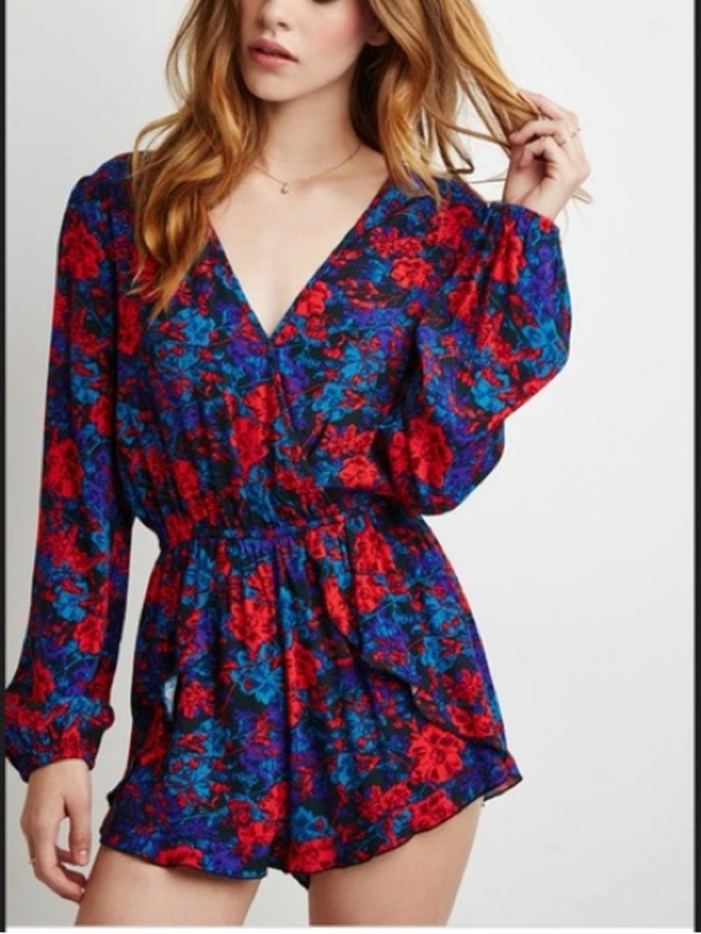 Floral Surplice Long-Sleeve Romper in Red and Blue